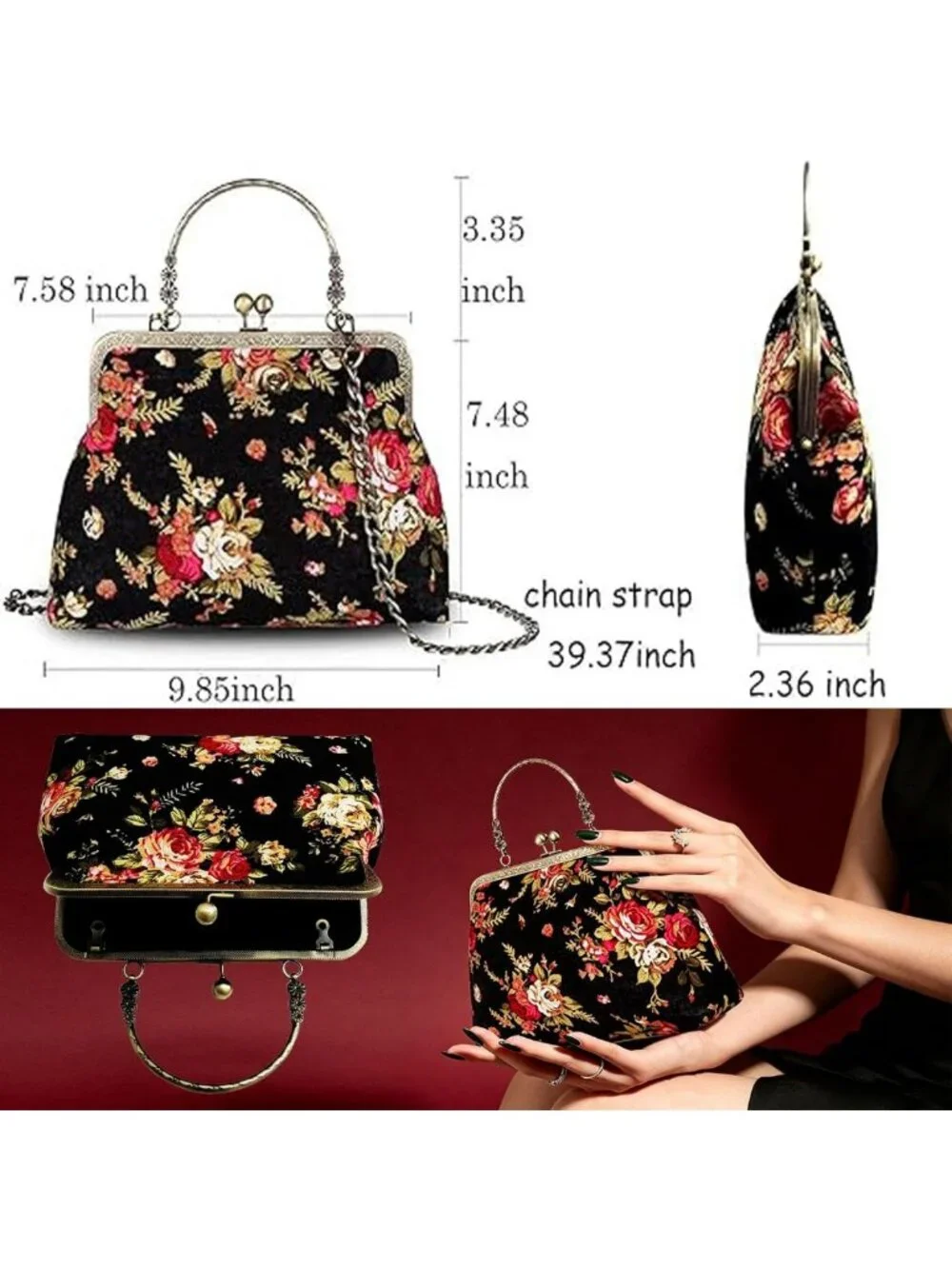 Vintage Floral Top-Handle Handbag, Kiss Lock Evening Bag for Women, Chic Purse